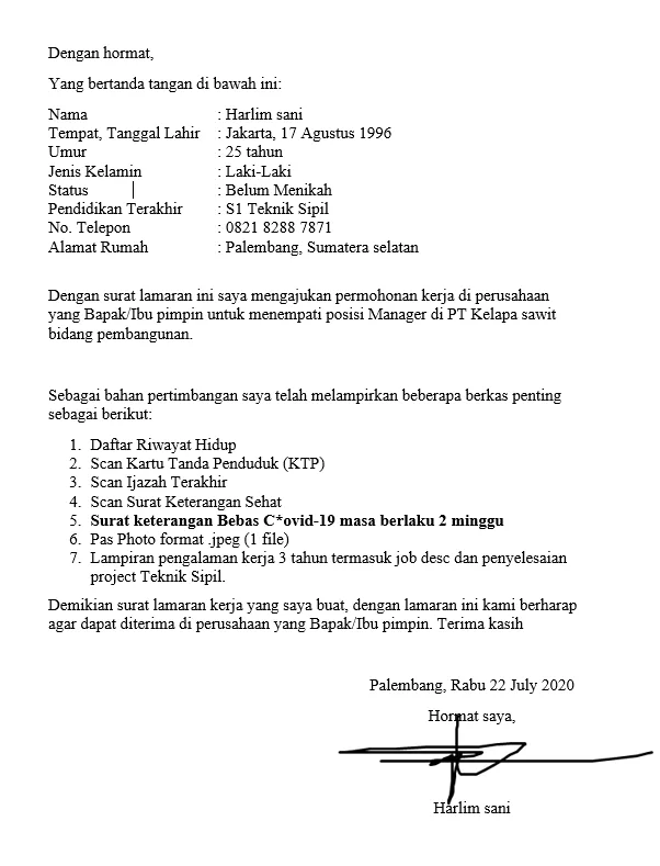 contoh surat lamaran kerja 2020