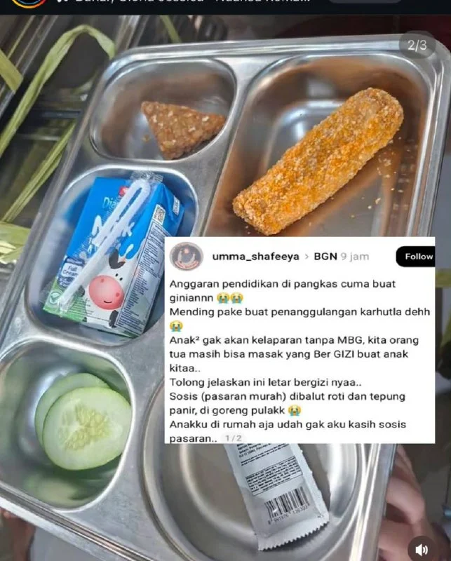 Nampan menu MBG berisi sosis tepung dan tempe